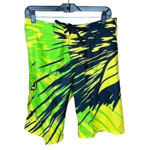 Slippery Board Shorts Solar Tie Front Black Neon Green Yellow Side Pocket Men 30